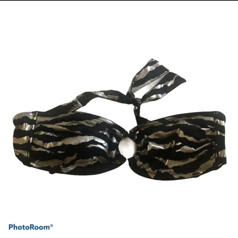 ❤️ Vintage  Victoria Secret Black and Shiny Silver Zebra Print Bikini Top
